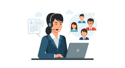 Efficient Communication Support: A focused assistant, headset-adorned, skillfully manages virtual consultations using a laptop, embodying effective communication and technical support.