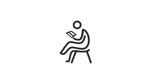 Simple line art icon of a person sitting on a stool and reading a book or digital tablet, symbolizing education, learning, and relaxation.
