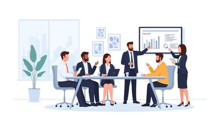 Fototapeta premium Diverse business team collaborating in a modern office meeting, analyzing data charts during a presentation