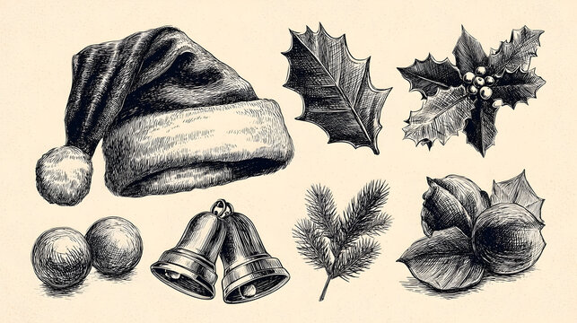 Detailed Engraving of Christmas Elements Santa Hat Holly Bells and Nuts