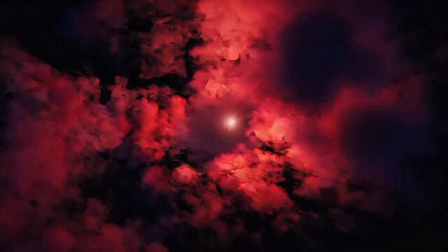 A dramatic and moody red sky filled with dark, stormy clouds and a glowing sun or moon, creating an apocalyptic or fantasy scene