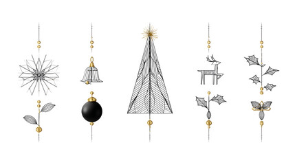 Elegant Christmas Ornaments Geometric Tree Reindeer and Holly on White