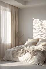Fototapeta premium Serene Bedroom bathed in Golden Hour Sunlight, casting dappled shadows on a neatly made bed.