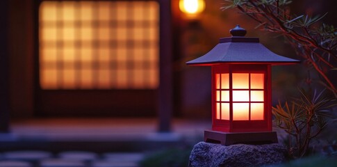 Illuminated Japanese Red Lantern at Dusk in Serene Garden Setting
