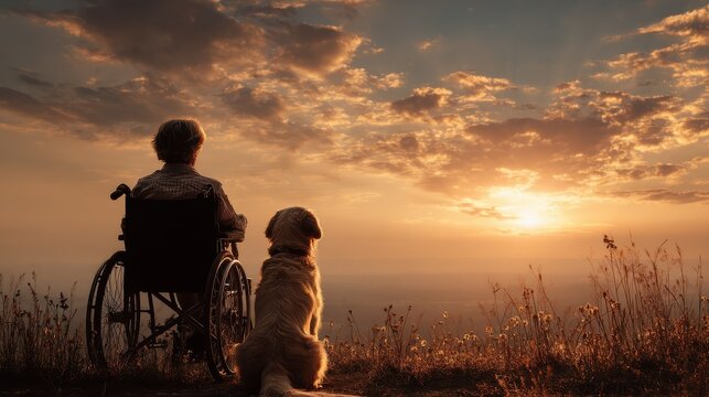 elderly person enjoys sunset view from wheelchair with loyal dog by their side