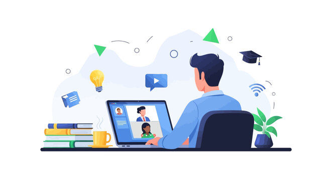 Modern flat vector illustration showing a person in a video conference for an online course. Concept of remote learning, e-learning, and digital education