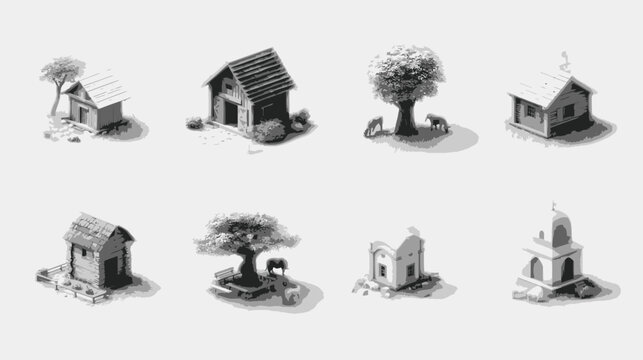 Isometric black and white hand-drawn village buildings and trees sketch collection. Rustic architectural elements for game assets or map design.
