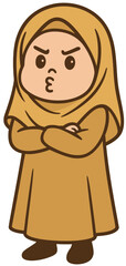 Cute Muslim Girl Cartoon in Yellow Hijab Angry with Folded Arms | Islamic Kids Illustration