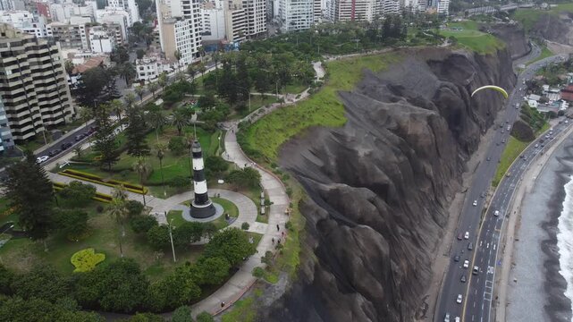 Aerial view of miraflores lighthouse and lima coastline, peru