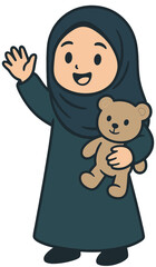 Cute Muslim Girl Cartoon Waving Hand with Teddy Bear | Islamic Kids Illustration