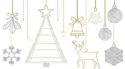 Festive Christmas Decorations in Gold and Black Outlines on White Background