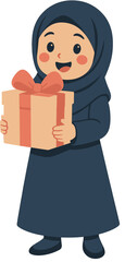 Cute Muslim Girl Cartoon in Hijab Holding a Gift Box | Islamic Kids Illustration