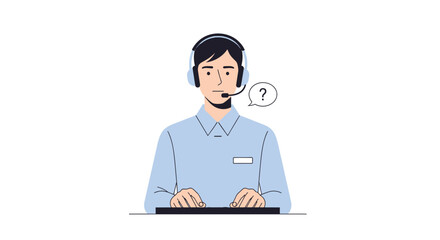 Fototapeta premium Customer service agent wearing headset and typing on keyboard with a question mark bubble above head