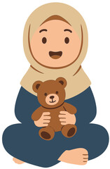 Muslim Girl Cartoon Holding Teddy Bear | Cute Islamic Hijab Illustration