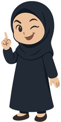 Cute Muslim Girl Cartoon in Black Hijab Winking and Pointing Up | Islamic Kids Illustration