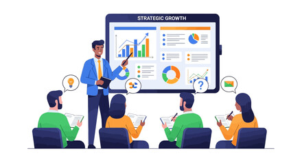 Expert professional conducts a strategic business growth presentation, sharing data insights and analytics to empower team learning and drive organizational development