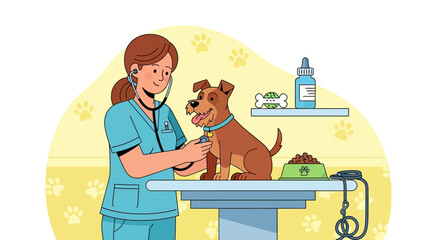 Veterinarian examines a happy dog with a stethoscope, illustrating a professional vet checking the dog's health during a routine clinic visit