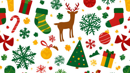 Festive Christmas Pattern Featuring Reindeer Ornaments and Holiday Decorations on White