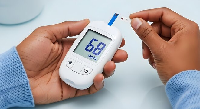 A person is shown using a blood glucose meter to check their blood sugar levels, highlighting diabetes management and health.