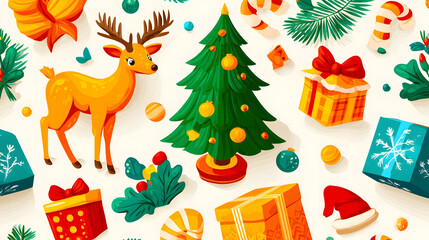 Festive Christmas Still Life with Cartoon Reindeer Tree Gifts and Holiday Ornaments