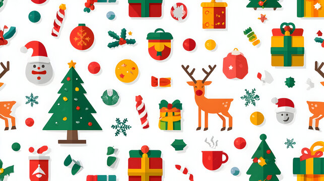 Festive Christmas Pattern with Santa Reindeer Gifts and Holiday Decorations on White Background