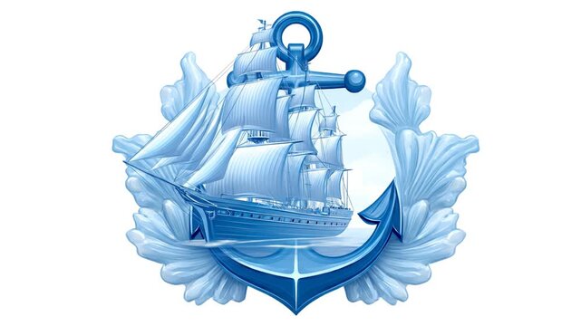Stylized blue nautical emblem of a ship and anchor on a white background