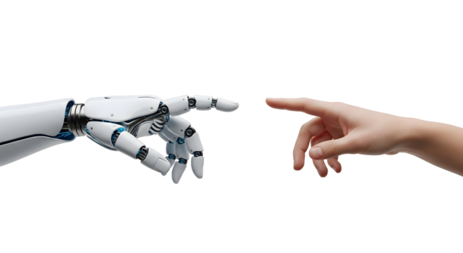 A human hand almost touching a robot's hand, symbolizing connection and technology - Powered by Adobe