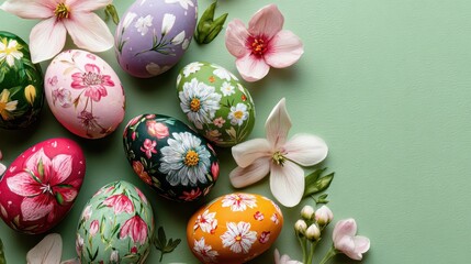 Fototapeta premium colorful decorative eggs with flowers on a pastel green background for spring celebrations and festivities