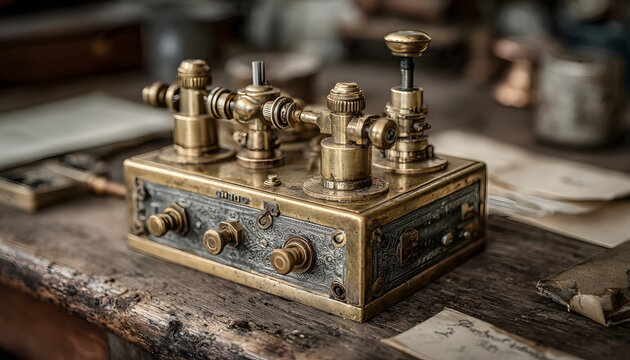 Vintage brass telegraph device with knobs and dials sits on wooden table. Antique communication tool used for sending messages via Morse code in historical settings.