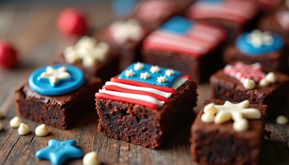 Chocolate brownies decorated with American flag elements. Sweet dessert bars have red white blue frosting stars and stripes. Perfect for patriotic holidays.