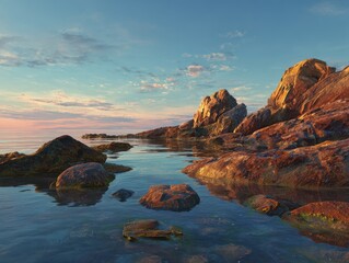 Fototapeta premium Serene Coastal Landscape - Golden Rocks Reflecting in Calm Waters at Sunset.
