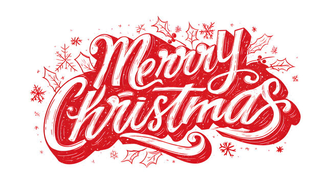 Festive Merry Christmas Typography with Holly and Snowflake Accents in Red