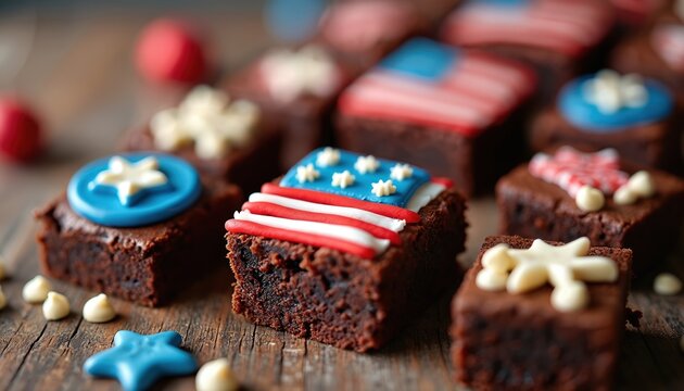 Chocolate brownies decorated with American flag elements. Sweet dessert bars have red white blue frosting stars and stripes. Perfect for patriotic holidays. - Powered by Adobe