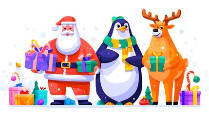 Festive Trio Santa Penguin and Reindeer with Gifts in a Snowy Scene