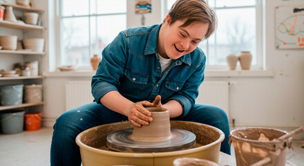 Happy young man with Down Syndrome using a pottery wheel to make ceramics