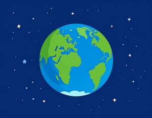 A simple, stylized illustration of the Earth, with a vibrant color palette and scattered stars in the vast expanse of space, conveying a peaceful and serene aesthetic.