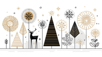 Festive Winter Scene with Geometric Trees Reindeer and Snowflakes in Gold and Black