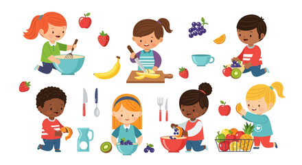 Diverse group of children engaged in healthy food preparation and learning activities.