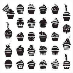 Delicious Cupcake Dessert Silhouette Icon Collection