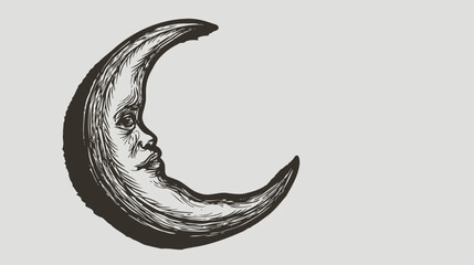 Hand-drawn mystical crescent moon with a serene human face, vintage engraving style illustration on a neutral background.