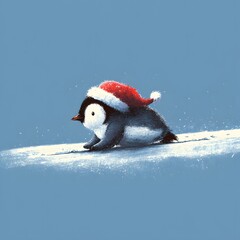 
Jolly Penguin in a Santa Hat Sliding Happily Across a Snowy Icy Surface