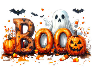 Halloween word art Boo with pumpkin ghost and candy corn on white isolated on a transparent