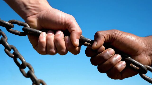 Two hands of different skin tones grip a rusted metal chain against a vivid blue sky