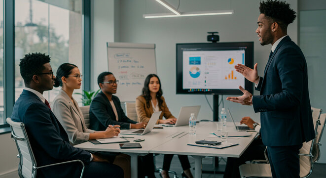 Executive giving business presentation to diverse team in modern meeting room