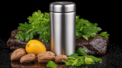 Shiny Metallic Container with Parsley Lemon Bread and Brown Rocks on Black Surface