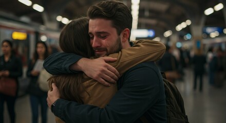 Obraz premium Couple Embracing at Train Station Saying Goodbye or Hello.