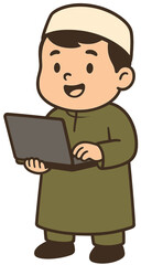 Muslim Boy Cartoon Holding Tablet | Islamic Kids Technology Illustration