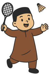 Cute Muslim Boy Cartoon Playing Badminton | Islamic Kids Illustration