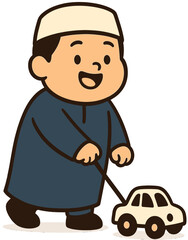Muslim Boy Cartoon Playing with Push Car Toy | Islamic Kids Illustration