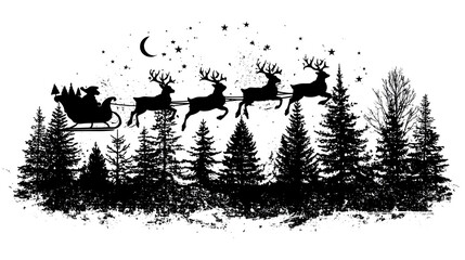 Santas Sleigh Silhouette Flying over Forest with Moon and Stars © Muhammad